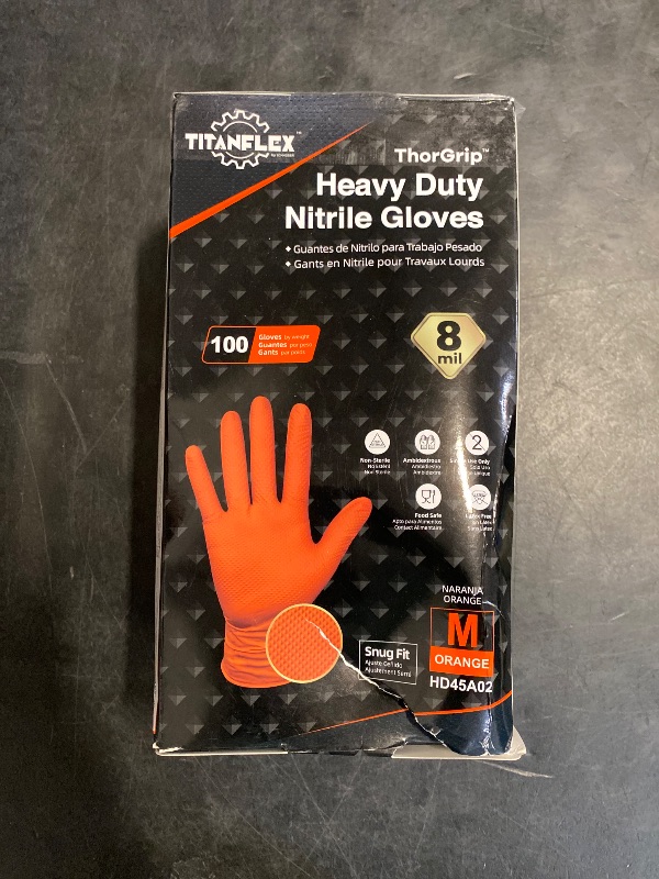 Photo 1 of TitanFlex ThorGrip Heavy Duty Industrial Orange Nitrile Gloves, 8-mil, Gloves Disposable Latex Free with Raised Diamond Texture Grip, Powder Free, Rubber Gloves, Mechanic Gloves,100-ct Box (Medium)