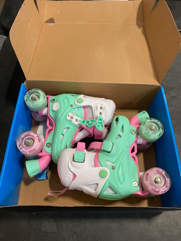 Photo 1 of 2PM SPORTS 4 Size Adjustable Light Up Roller Skates for Girls, Flashing 4 Wheels, Beginner Kids Rollerskates for Age 5-8 8-12 - Green Small