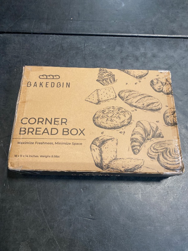 Photo 1 of BakedBin Corner Bread Box for Kitchen Countertop - New 2025 Airtight Design - Extra Large, Double Layer Black BreadBox, Vintage Storage for Homemade Bread, Under Cabinet Organizer