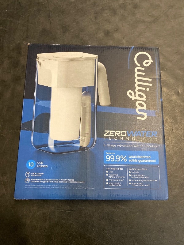Photo 1 of Culligan with ZeroWater Technology 10-Cup Water Filter Pitcher – Includes 5-Stage Advanced Water Filter, IAPMO Certified to Reduce Lead, Total PFAS (Forever Chemicals), Mercury, Fluoride, and Chlorine
