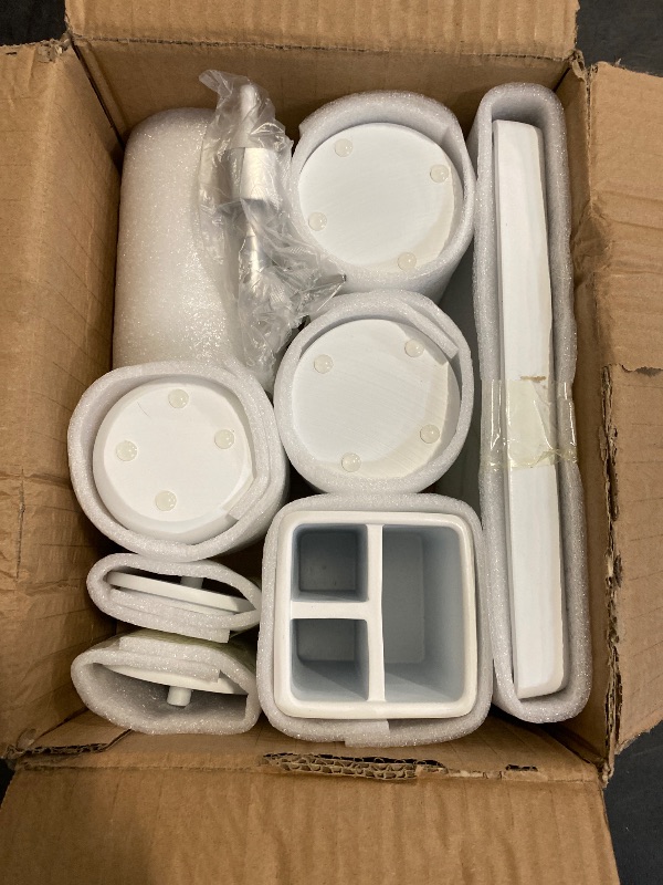 Photo 1 of Resin 6 Pcs White Bathroom Set Complete with Toothbrush Holder, Lotion Soap Dispenser, 2 Qtip Holder Dispensers,Vanity Tray,Bathroom Tumbler - Countertop Vanity Organizer - Bathroom Accessories Set