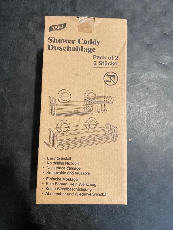 Photo 1 of TAILI Shower Caddy Suction Cup 2 Pack with Hooks & Soap holder, Heavy Duty Shower Organizer for Bathroom, No Drilling Bathroom Organizer with Large Capacity, Black Metal Storage Basket