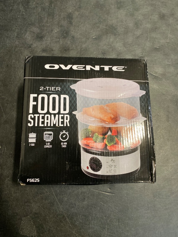 Photo 1 of OVENTE 2 Tier Electric Food Steamer for Cooking Vegetables, Stainless Steel Base, Stackable and Dishwasher Safe Baskets, 400W with Auto Shutoff and 60-Minute Timer, 5 Quart Capacity, Silver FS62S