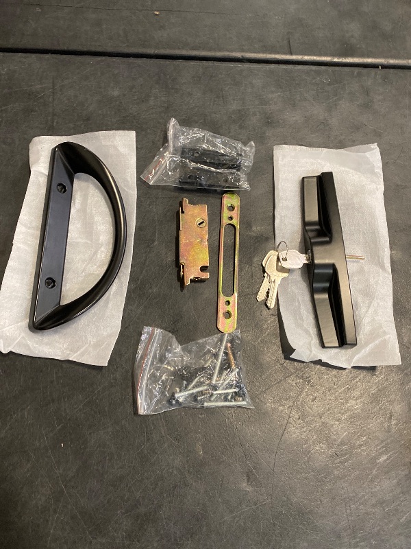 Photo 1 of ALLYWASAI Patio Sliding Door Handle Set with Mortise Lock, Key Cylinder and Keeper, Replacement Handle Lock Set Fits Door Thickness from 1-1/2" to 1-3/4", 3-15/16" Screw Hole Spacing, Keyed, Black