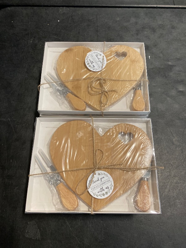 Photo 1 of Patelai 12 Set Bridal Shower Favor Heart Cheese Board Cheese Knives Wood Mini Charcuterie Board Thank You Gift Box for Guest Bridal Baby Shower Prize Wedding Birthday Valentines (Bamboo Color)