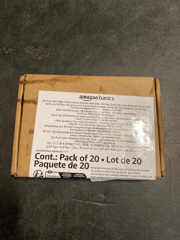 Photo 1 of Amazon Basics AAA Alkaline High-Performance Batteries, 1.5 Volt, 10-Year Shelf Life, 20 count (Pack of 1)