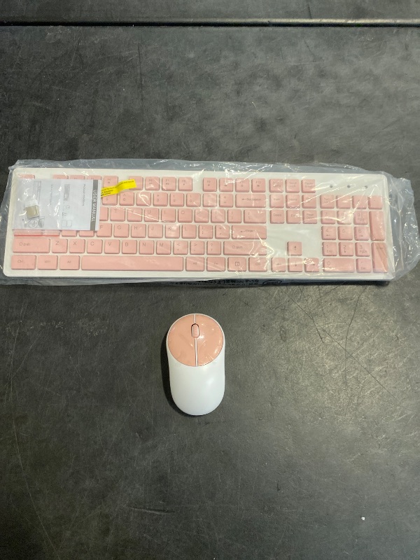 Photo 1 of Wireless Keyboard and Mouse, WisFox Full-Size Wireless Mouse and Keyboard Combo, 2.4GHz Silent USB Wireless Keyboard Mouse Combo for PC Desktops Computer (Pink and White)