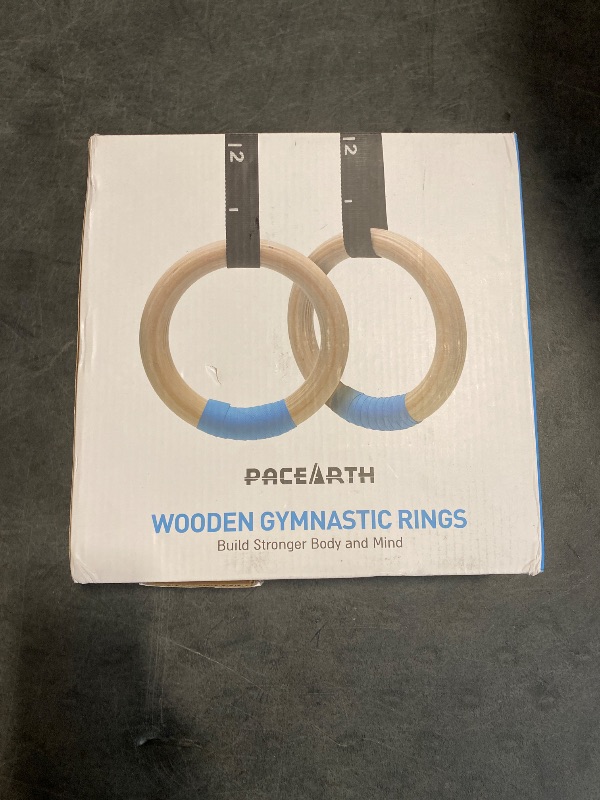 Photo 1 of PACEARTH Gymnastics Rings Wooden Olympic Rings 1500/1000lbs with Adjustable Cam Buckle 14.76ft/9ft Long Straps with Scale Non-Slip Gym Rings for Home Gym Full Body Workout