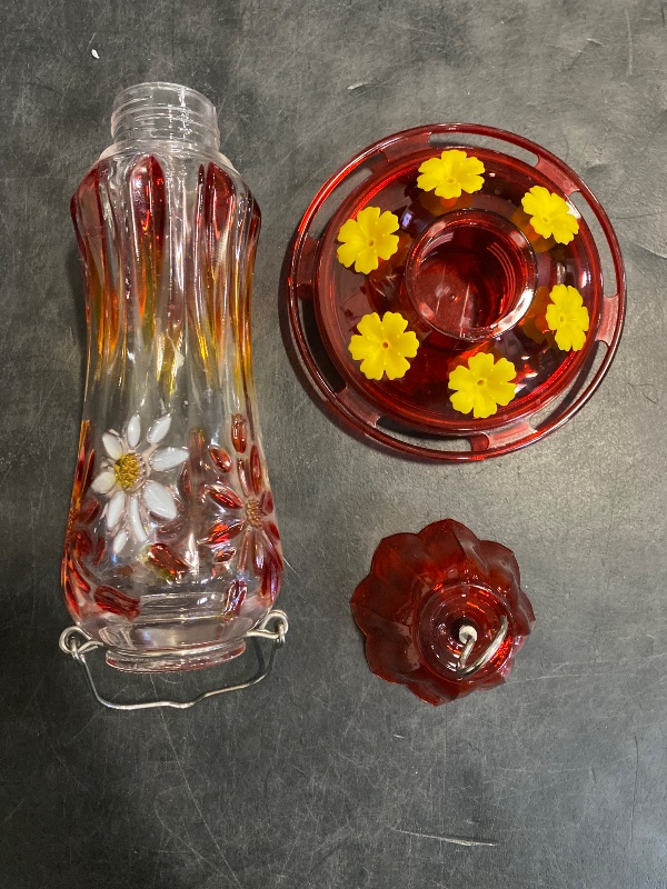 Photo 1 of Kingsyard Hummingbird Feeder for Outdoors Hanging, 25 Ounces, Glass Humming Bird Nectar Feeder with Ant Moat & 6 Feeding Ports, Leak Proof, Red