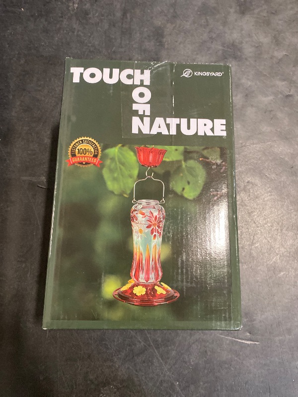 Photo 1 of Kingsyard Hummingbird Feeder for Outdoors Hanging, 25 Ounces, Glass Humming Bird Nectar Feeder with Ant Moat & 6 Feeding Ports, Leak Proof, Red