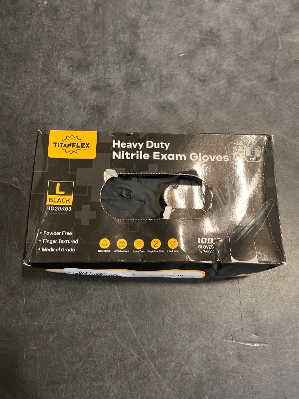 Photo 1 of TitanFlex Heavy-Duty Black Disposable Nitrile Gloves, Box of 100, 6-mil, Fully Textured, Powder-Free, Latex-Free, Non-Sterile