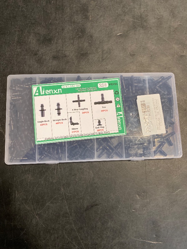 Photo 1 of Aienxn 220PCS 1/4" Drip Irrigation Kit Barbed Connectors, Straight Barb, Tee, Single Barb, End Plug, Elbow, 4 Way Coupling Irrigation Fittings for Garden Lawn Flower Pot