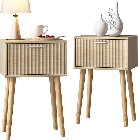 Photo 1 of LAATOOREE Nightstands Set of 2, Small Side Table, Bedside Table with Fluted Door, Solid Wood Feet; Modern Mid-Century End Table for Bedroom, Small Space (Natural)