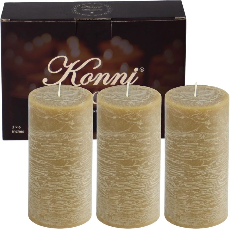 Photo 1 of KONNI Wax Yellow Pillar Candles Set of 3, 3"x 6" Unscented Pillar Candles Bulk, 56 Hours Long Burning Candles, Smokeless&Dripless Large Round Candle for Wedding, Home Decoration, Parties, Spas, Dinner