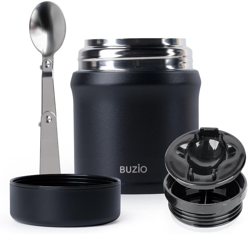 Photo 1 of BUZIO Kids Food Jar 10 oz, Stainless Steel Lunch Container for Hot & Cold Food, Leak Proof Food Jar with Folding Spoon for School Office Travel, Black
