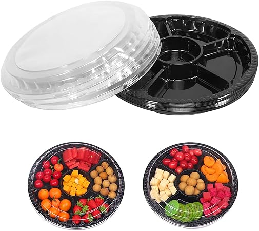 Photo 1 of 10 Pcs Round Plastic Appetizer Tray with Lid Divided Serving Tray, Disposable Food Storage Containers, Plastic Tray Storage, Kids Snack, Fruit Platter Vegetable Trays for Party and Buffet