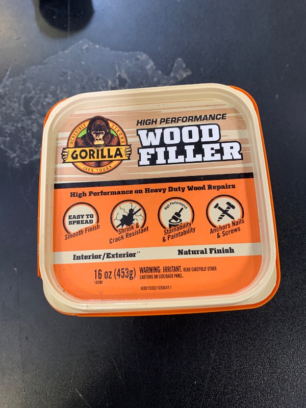 Photo 1 of Gorilla All Purpose Wood Filler, Natural Finish, 16 Ounce Tub (Pack of 1) - Water Resistant for Indoor or Outdoor Projects and Repairs