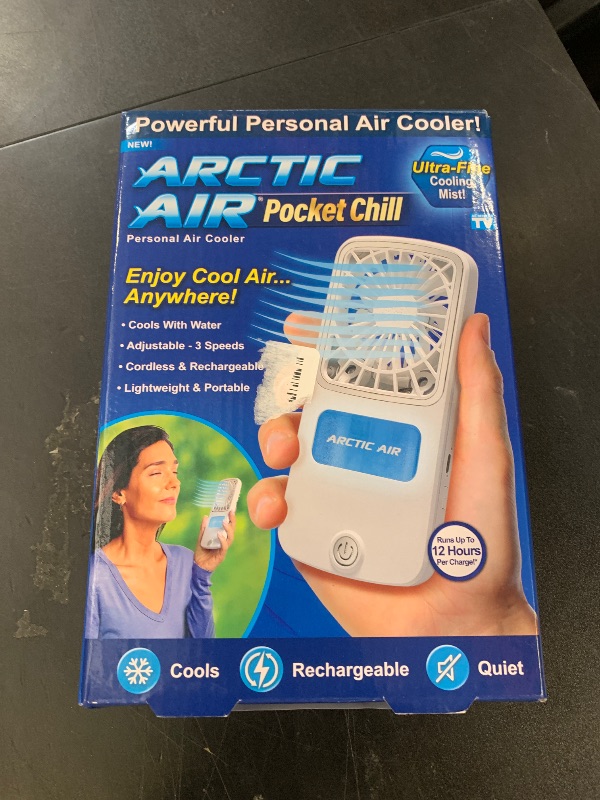 Photo 1 of Arctic Air Portable Fan, Pocket Chill Handheld Mini Fan, Rechargeable Personal Air Cooler with Hydro-Chill Technology, 3 Speeds & Built-in-Kickstand, Cordless for Travel, Indoor or Outdoor Use