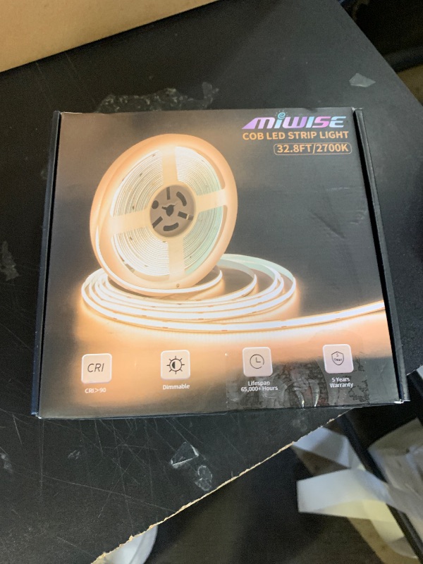 Photo 1 of MIWISE COB LED Strip Light 32.8ft/10m,CRI 90+ Warm White 2700K High Lumen Dimmable Super Bright Flexible DC24V LED Tape Light with Controller/Dimmer,for Cabinet Home Office DIY Lighting Projects