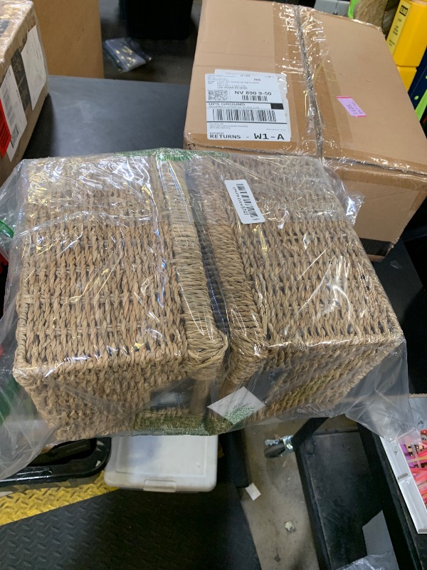 Photo 1 of Small Wicker Baskets for Organizing Bathroom, Seagrass Baskets for Storage, Wicker Storage Basket with Wooden Handle, Decorative Small Organizing Basket 10.3 x 7.7 x 6.3 inches - 3 Pack