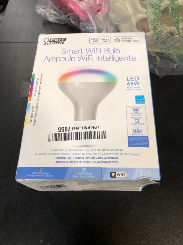 Photo 1 of Feit Electric BR30 Smart Flood Light Bulb,2.4GHz WiFi Color Changing and Dimmable, No Hub, Works with Alexa or Google Assistant, BR30/RGBW/CA/AG, 65W, Multi-Color (RGBW), 1 Count (Pack of 1)