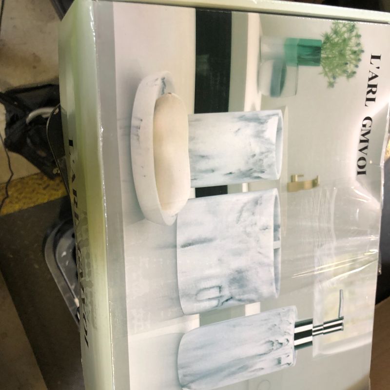 Photo 1 of L'ARL GMVOI Bathroom Accessories Set,4 Pieces Marble Bathroom Vanity Countertop Accessory Set with Bathroom Toothbrush Holder Set,Soap Dispenser,Tumbler,Soap Dish for Bathroom Home Decor