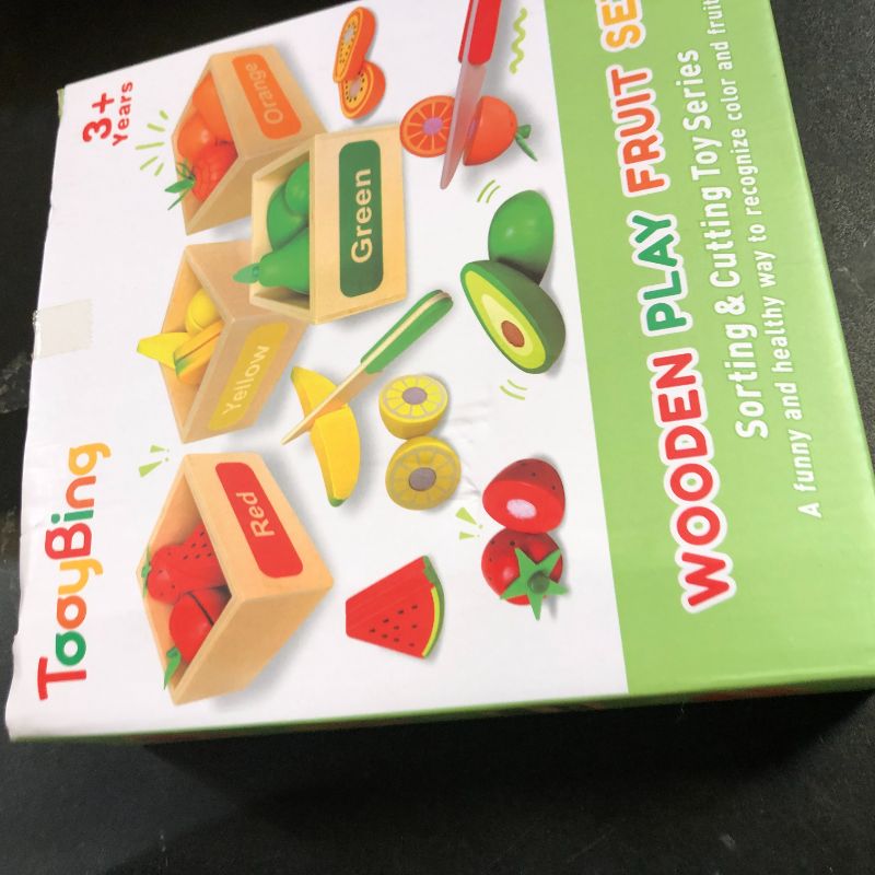 Photo 1 of TooyBing Wooden Play Food Toy Set for Kids Kitchen - 30 Pcs Montessori Cutting & Color Sorting Fake Fruit Accessories with 4 Boxes, Play Toys for Toddlers 3, Birthday Gifts for Boys Girls