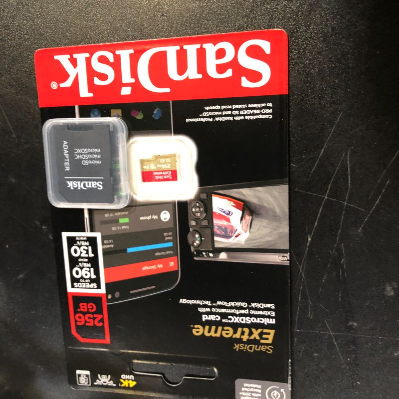 Photo 1 of SanDisk 256GB Extreme microSDXC UHS-I Memory Card with Adapter - Up to 190MB/s, C10, U3, V30, 4K, 5K, A2, Micro SD Card - SDSQXAV-256G-GN6MA