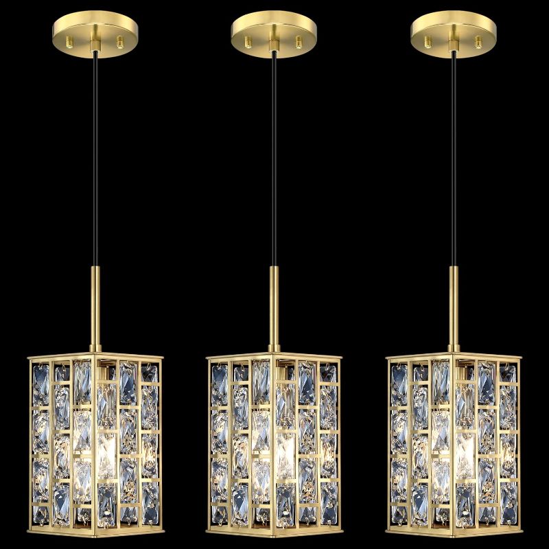 Photo 1 of 3 Pack Hanging Polyhedron Crystal Kitchen Island Square Pendant Ceiling Light Fixture,Modern Pendant Lighting Brushed Bronze Finish for Over Sink Dining Room Bedroom Hallway,UL Listed
