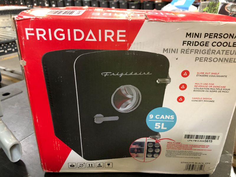 Photo 1 of Frigidaire Retro Mini Personal Fridge Cooler, Holds up to 9 Cans, Portable & Compact, AC Plug & 12V Car Charger – Black