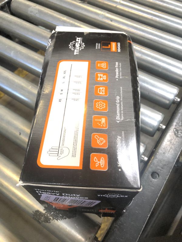 Photo 1 of TitanFlex ThorGrip Heavy Duty Industrial Orange Nitrile Gloves, 8-mil, Gloves Disposable Latex Free with Raised Diamond Texture Grip, Powder Free, Rubber Gloves, Mechanic Gloves,100-ct Box (Large)