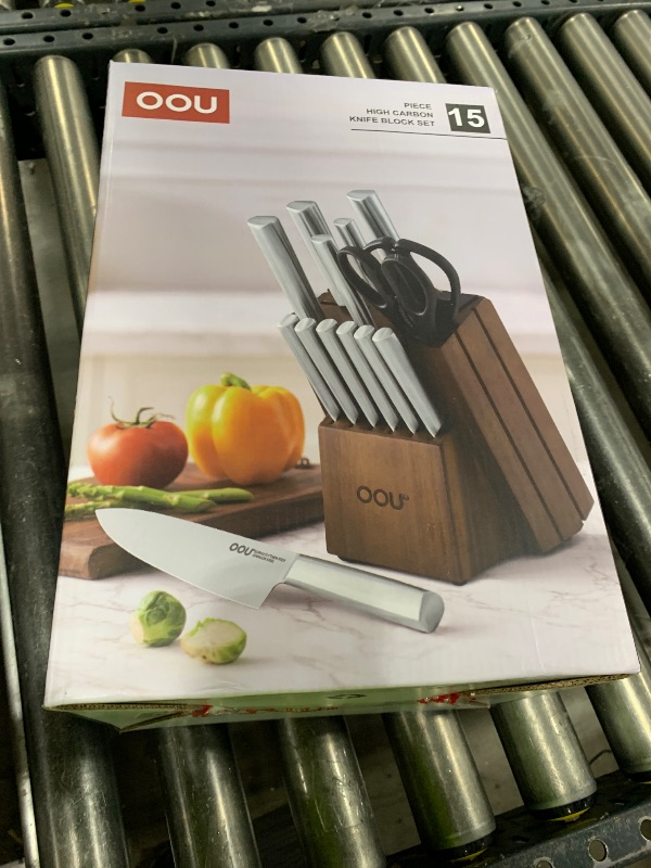 Photo 1 of OOU Kitchen Knife Block Set - 15 Pieces High Carbon Stainless Steel Knife Block Set with Built-in Sharpening Blocks, Black