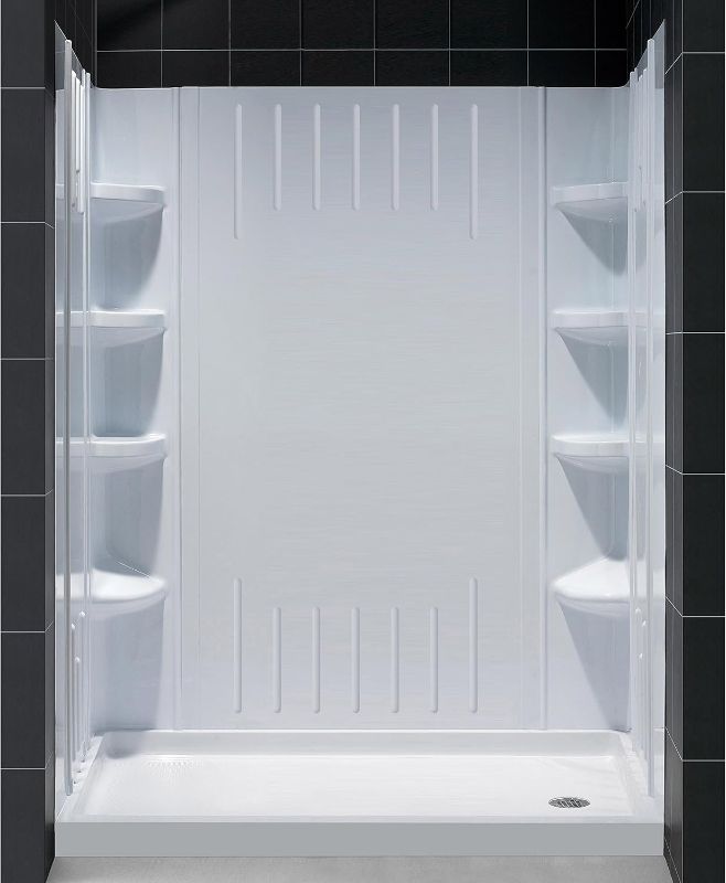 Photo 1 of DreamLine 32 in. D x 60 in. W x 75 5/8 in. H Right Drain Acrylic Shower Base and QWALL-3 Backwall Kit In White, DL-6146R-01
