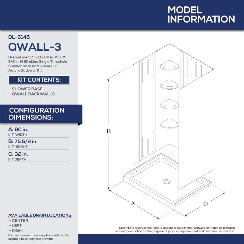 Photo 1 of DreamLine 32 in. D x 60 in. W x 75 5/8 in. H Right Drain Acrylic Shower Base and QWALL-3 Backwall Kit In White, DL-6146R-01
