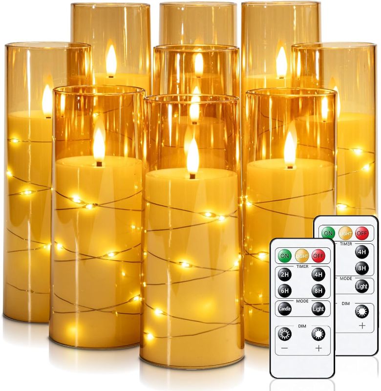 Photo 1 of Raycare Flameless LED Candles with Embedded Star String, 9 Pcs Battery Operated Acrylic Pillar Candles with Timer and Remote, Flickering Candle for Romantic Ambiance and Home Decoration(Glod)
