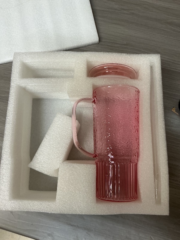 Photo 1 of JunVpic Glass Cups with Lids and Straws,24oz Glass Tumbler with Handle Iced Coffee Cup for Coffee,Juice,Tea,Milk,Smoothie,Hot & Cold Drinks (Pink)