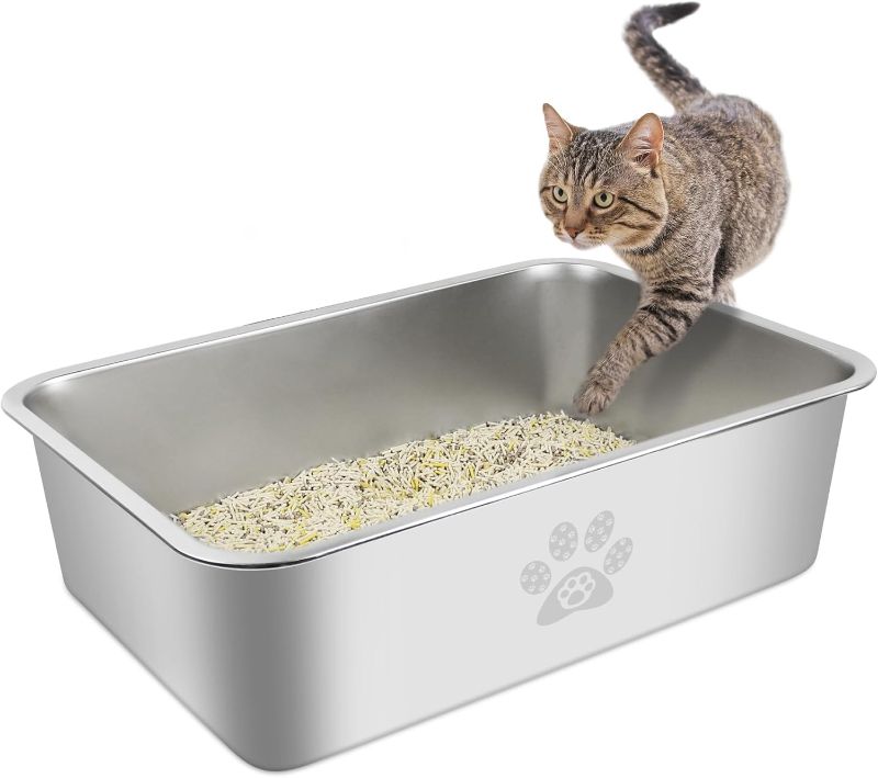 Photo 1 of Stainless Steel Cat Litter Box High Side Cats Toilet Metal Kitten Litter Pan, Pet Cleaning Tool for Big and Small Cats, Rabbits, Splash-Proof and Non-Stick Cat Poop Box odorless 19.7"x13.8"x5.9"
