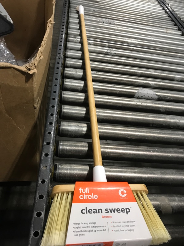 Photo 1 of Full Circle Clean Sweep -Bamboo Broom -Angled for Precision in Tight Spaces, with Stiff Flagged Bristles for Indoor & Outdoor Cleaning -Ideal for Pet Hair, Kitchen, Hardwood, & Garage, White