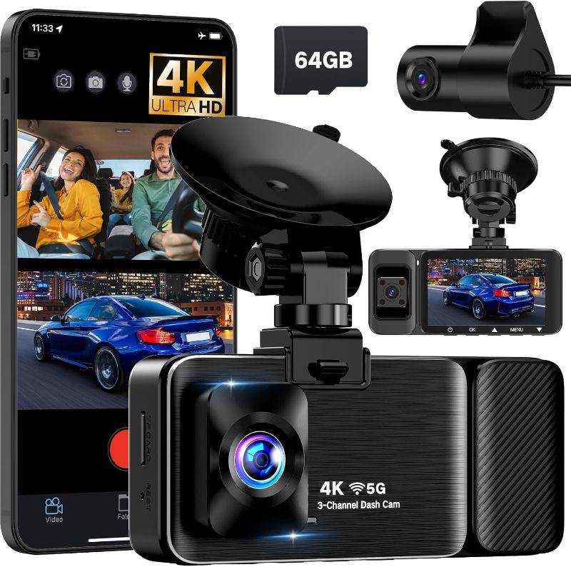 Photo 1 of 4K Dash Cam Front and Rear Inside, 3 Channel Dash Camera for Cars with 64GB SD Card