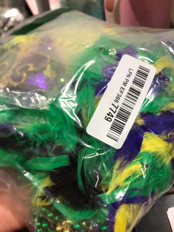 Photo 1 of 6 Pieces Mardi Gras Costume Accessory Outfit Set Faux Feather Headband headpiece Sequin Fascinators Mask Mardi Gras Beads Necklaces Feather Boa for Men Women Carnival Halloween Party Favor