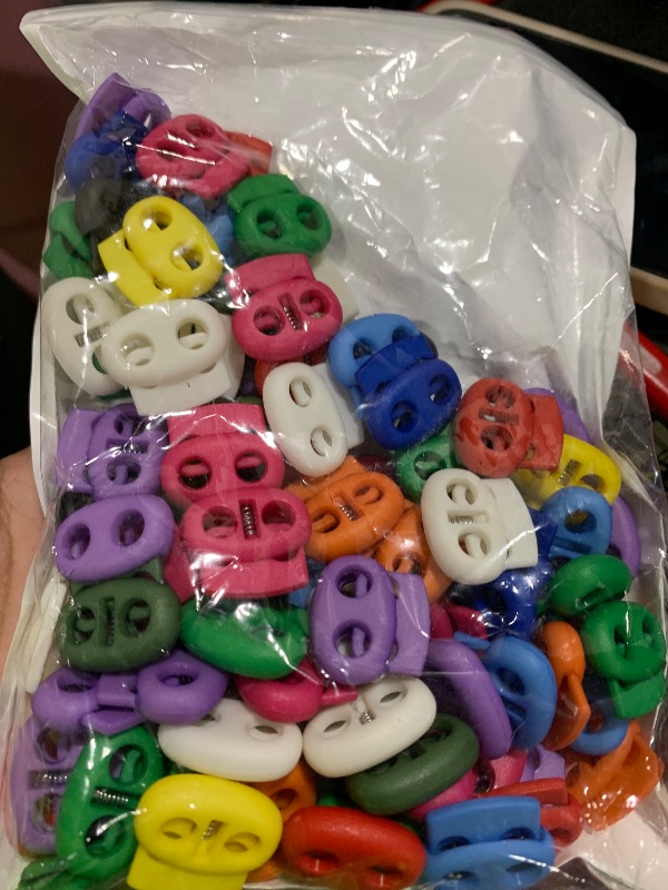 Photo 1 of 100 Pcs Plastic Cord Locks for Drawstrings Double Hole Spring Stopper Fastener Slider Toggles End for Drawstrings Shoelaces Backpack Lanyard