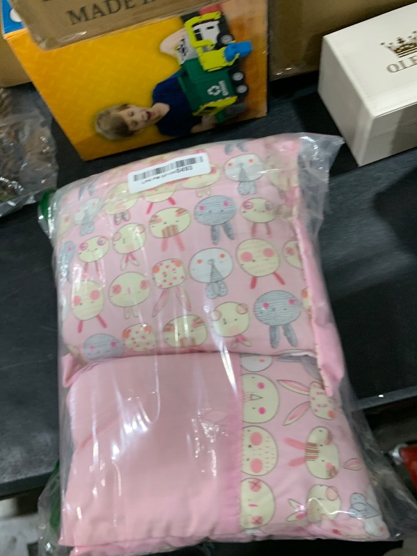 Photo 1 of Doll Blanket and Pillow Set with Pink Rabbit Print Bedding Pad/Mattress/Blanket Cute Doll Accessories Includes 1 Mattress 1 Pillow, 2 Pc. Set Doll Bedding Fits 18 Inch Doll Gifts (Doll not Included)