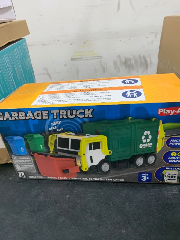 Photo 1 of JOYIN Large Friction Powered Garbage Truck Toy Set, Includes Dumpster, Trash Bins, and Learning Cards for Kids