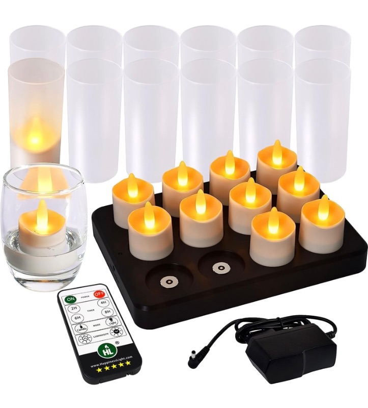 Photo 1 of HL Flameless Candles with Remote Timer, 100+Hours Rechargeable Waterproof Battery Operated Tea Lights with Charging Base, Yellow LED Votive Floating Candles for Festival Wedding Home Party Decor-12pc