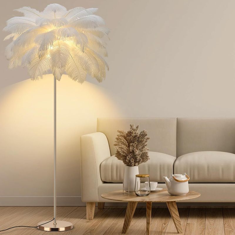Photo 1 of Feather Floor Lamp for Living Room, Fluffy Ostrich Feathers Lamp, Rose Gold Color Body, 3 Color Temperatures Modern Funky Arc Tall Standing Lamp for Bedroom Inclued Bright LED Bulbs (White)
