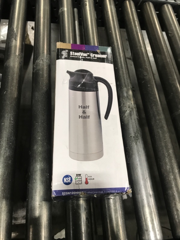 Photo 1 of Service Ideas S2SN100HHET Steelvac Creamer Carafe,"Half & Half" Etched, Stainless vacuum insulated, 1 Liter (33.8 Ounces), Dishwasher safe, NSF listed, Brushed finish
