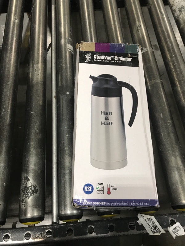 Photo 1 of Service Ideas S2SN100HHET Steelvac Creamer Carafe,"Half & Half" Etched, Stainless vacuum insulated, 1 Liter (33.8 Ounces), Dishwasher safe, NSF listed, Brushed finish