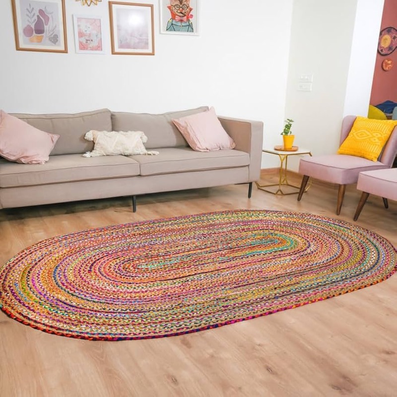 Photo 1 of RAJRANG Hand Woven Braided Natural Reversible Cotton Rug 3x5 feet Oval Colorful Jute Chindi Farmhouse Rustic Decor Accent Carpet Multicolor