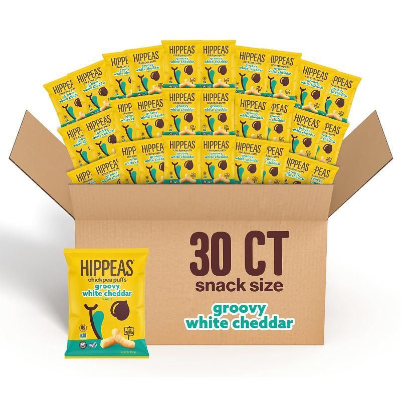 Photo 1 of Hippeas Chickpea Puffs, Groovy White Cheddar, 0.8 Ounce (Pack of 30), 3g Protein, 2g Fiber, Vegan, Gluten-Free, Crunchy, Plant Protein Snacks --- EXP. 08-06-2025