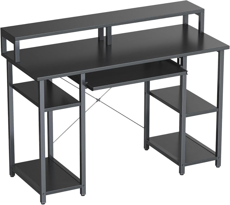 Photo 1 of 47 Inch Computer Desk with Storage Shelves Monitor Stand Keyboard Tray, Home Office Desk, Study Writing Table, Black